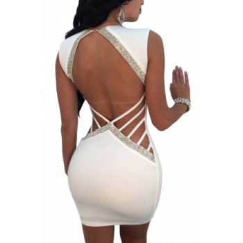 V Neck Hollow-out Silver Trim White Bodycon Prom Dress